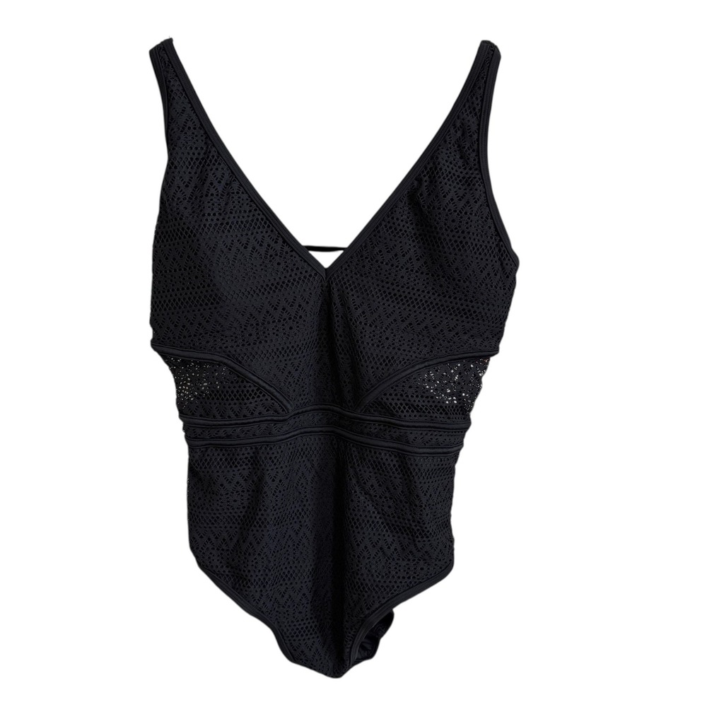 Charmo Black One‎ Piece Swimsuit Crochet Lace V Neck UPF 50+ Women's Size L